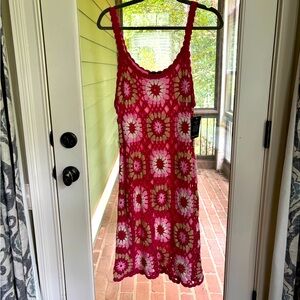Boston Proper Pink and White Crochet Midi Dress